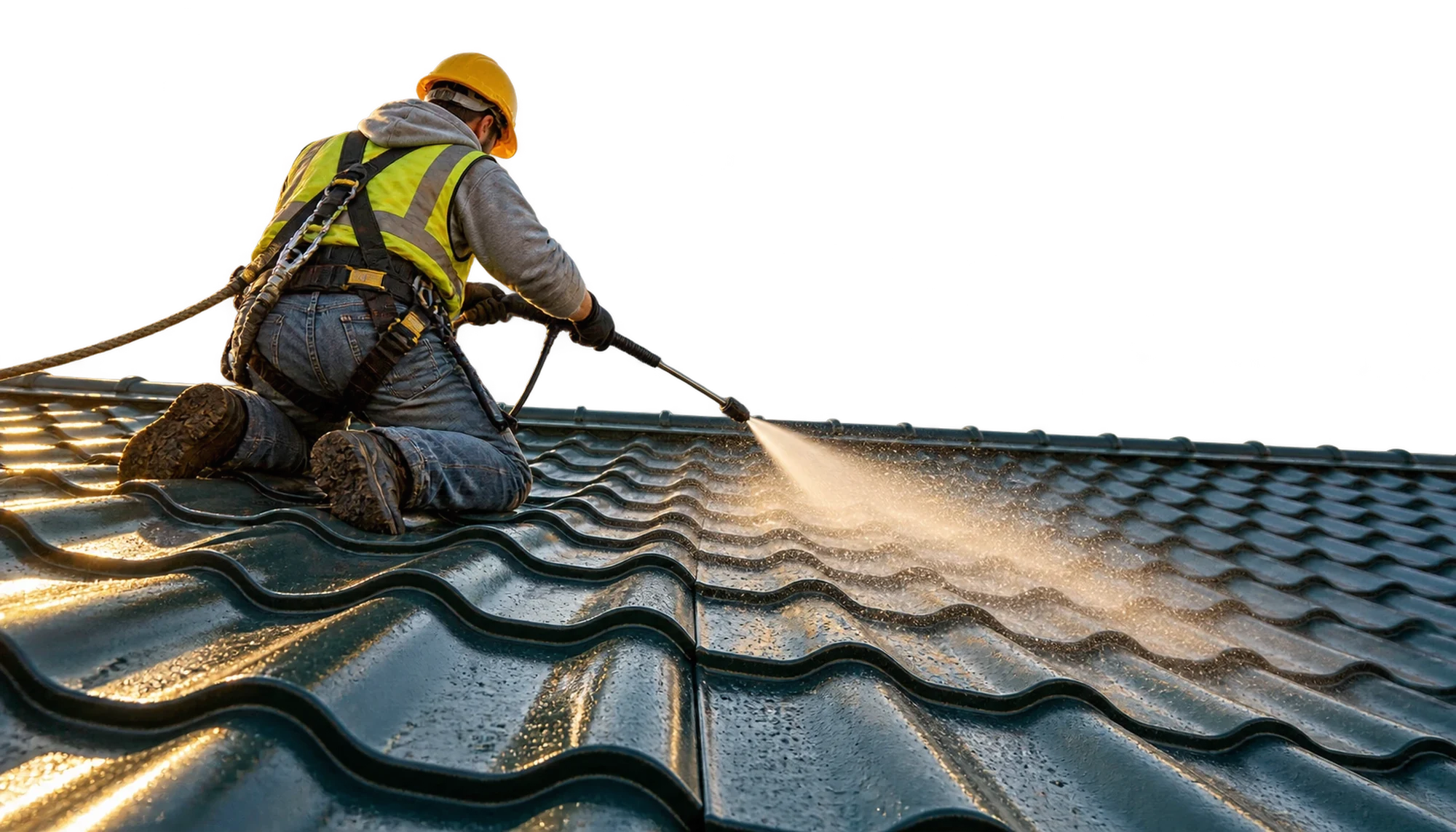 Pracovník HYDROCORE čistí střechu nízkým tlakem vody