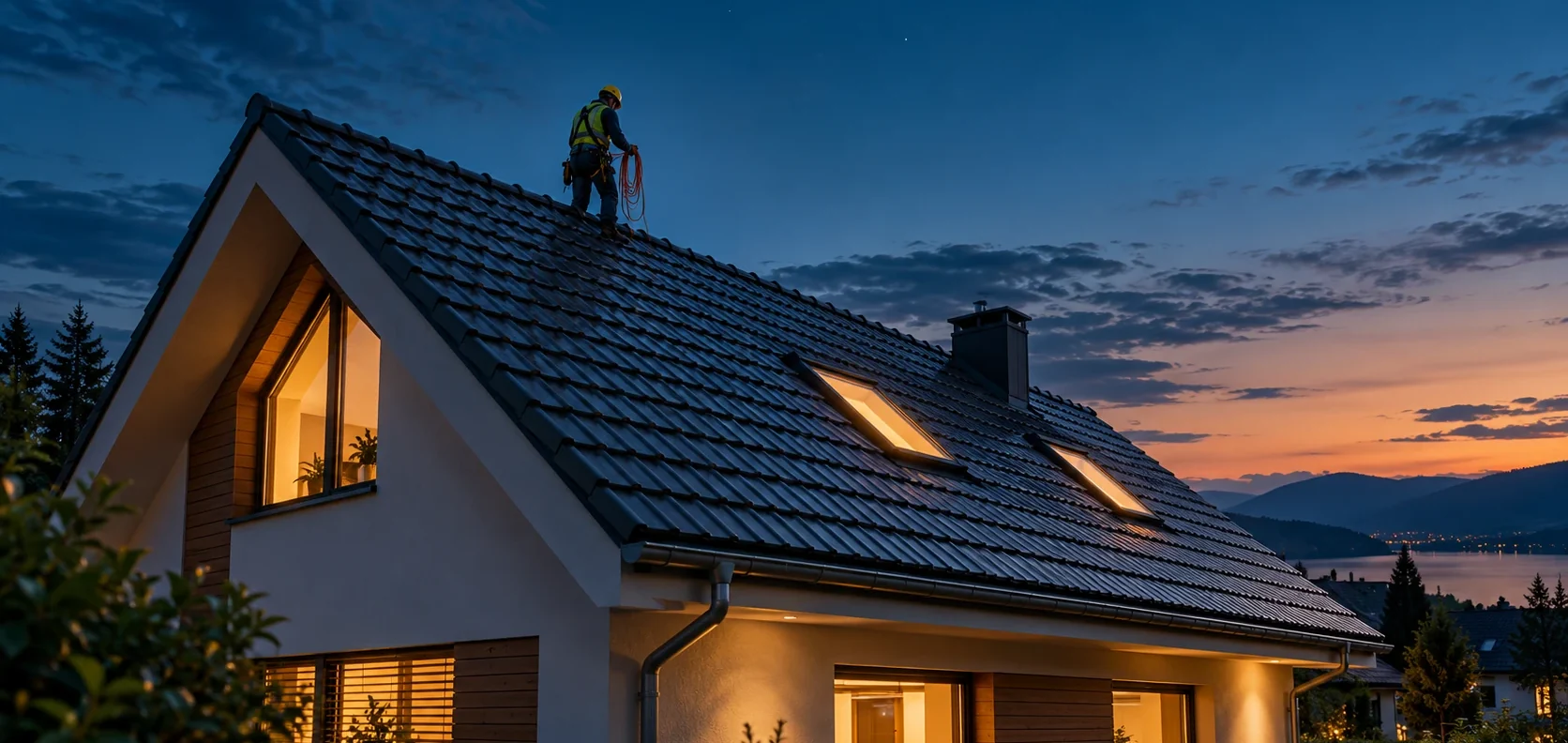 Rodinný dům s čistou střechou za soumraku a pracovník HYDROCORE na hřebeni