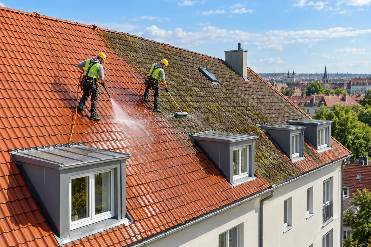 Dva pracovníci HYDROCORE jištění lanem čistí střechu bytového domu