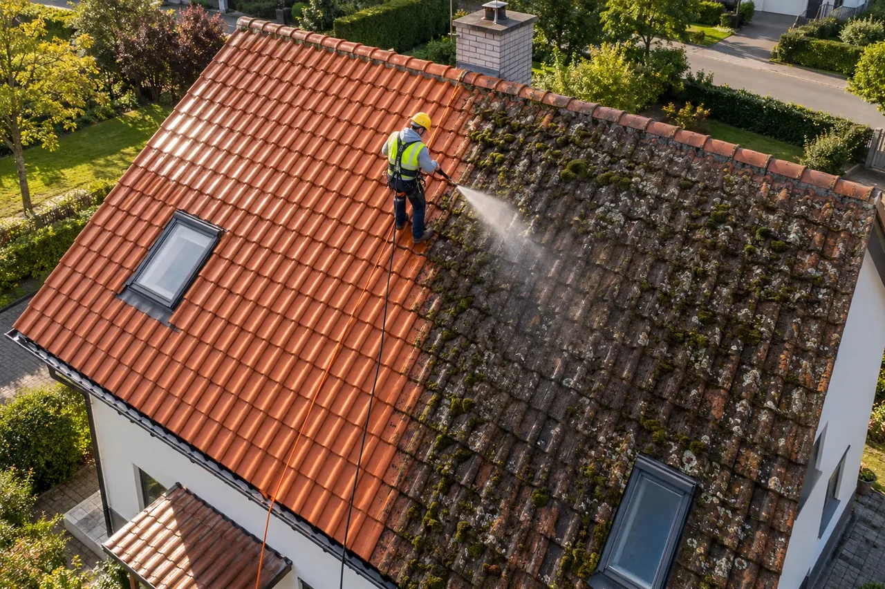 Pracovník HYDROCORE čistí střechu, jedna polovina je umytá a druhá zarostlá mechem