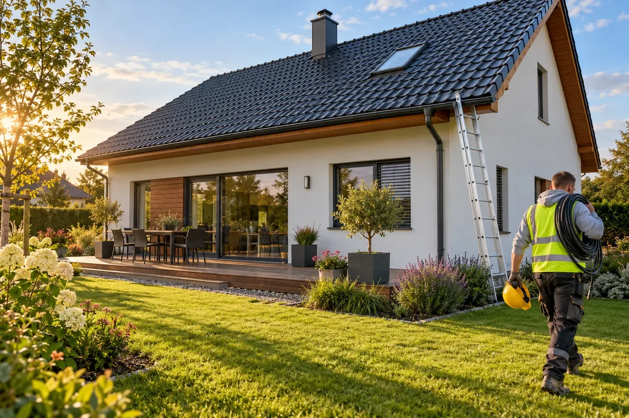 Rodinný dům s čistou střechou a uklizenou zahradou po práci HYDROCORE