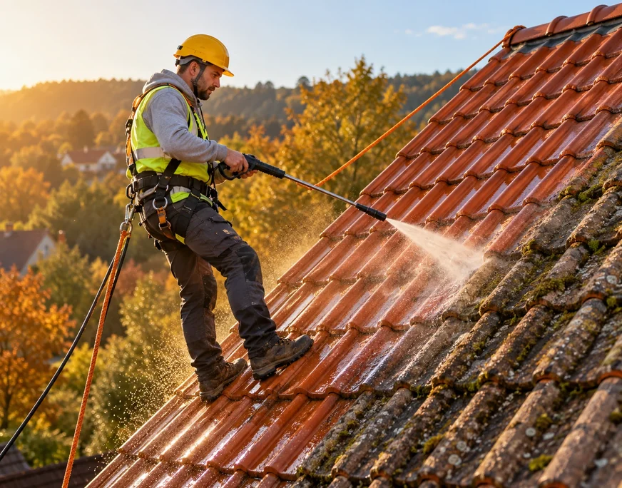 Pracovník HYDROCORE jištěný lanem čistí pálenou střechu bez lešení